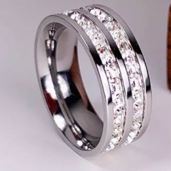 Titanium Steel Double Row Rhinestone Ring - Picture 1 of 3